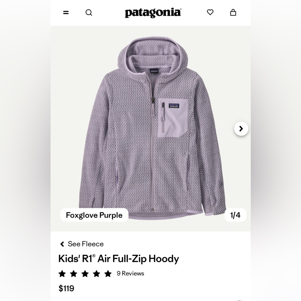 NWT Patagonia kids air full zip hoodie
Color: foxglove purple
